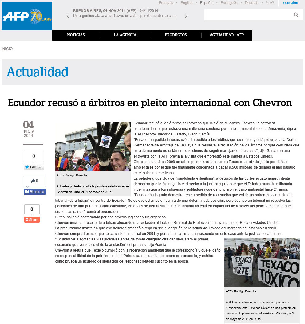 2014-11-04 AFP Ecuadorrecusoarbitros chevron