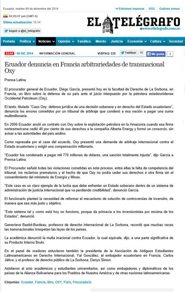 2014-12-09-TELÉGRAFO-Ecuador-denuncia-en-Francia-arbitrariedades-del-Caso-Oxy